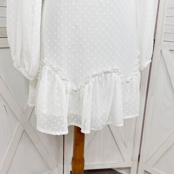 Hello Molly Clip Polka Dot Chiffon Mini Dress White Small Bishop Sleeve - Picture 7 of 13